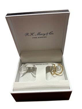 R.H. Macy’s 925 Silver Double Hoop Earrings Set & Silver & Gold Hoops NWT
